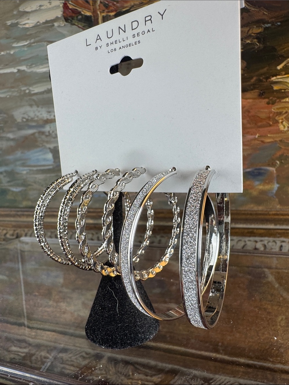 0727-Laundry By Shelli Segal Silver Glitter and Textured Hoop Earring Set